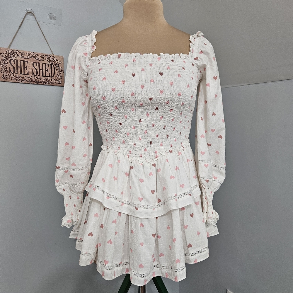 LAIT White Pink Heart Smocked Tiered Mini‎ Dress Square Neck Cottagecore Y2K